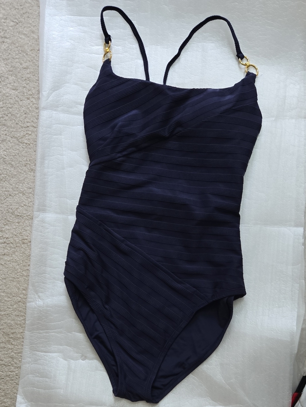 La Blanca Navy Textured One-Piece Swimsuit with Gold Hardware